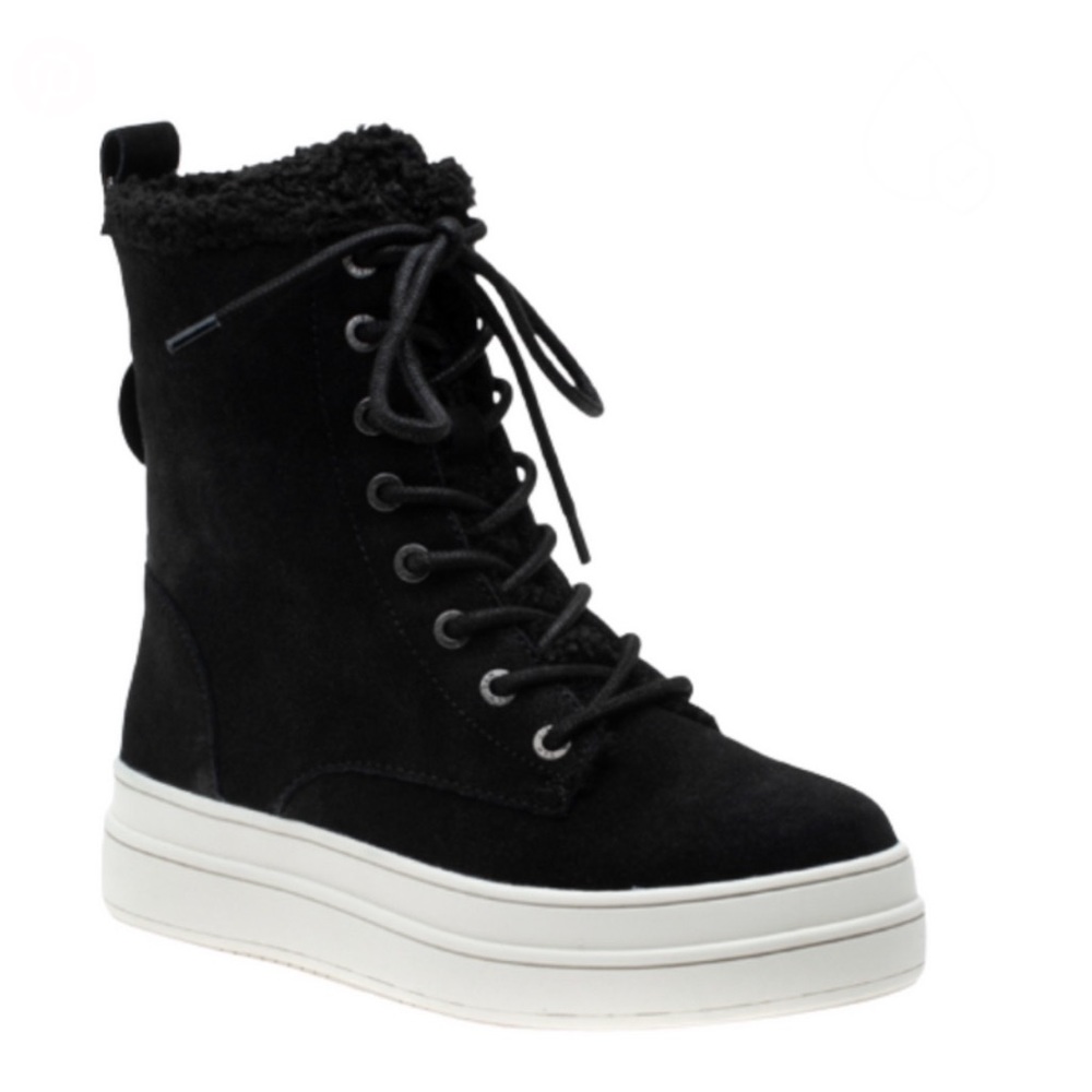 J/Slides Torrie Waterproof Suede Lace Up Boots Black Faux Shearling Size 7